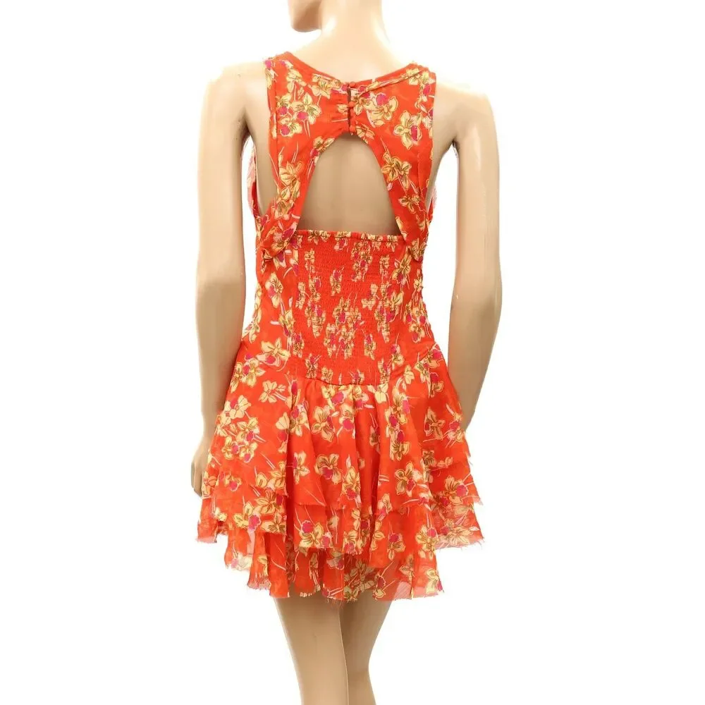 Free People Raven Printed Mini Dress Smocked Keyhole Ruffle Trendy S 288782